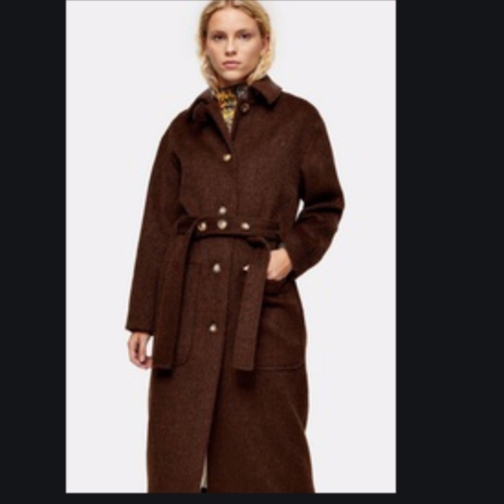 Topshop 4 Kia brushed wool long Belted Coat brown NEW with tags